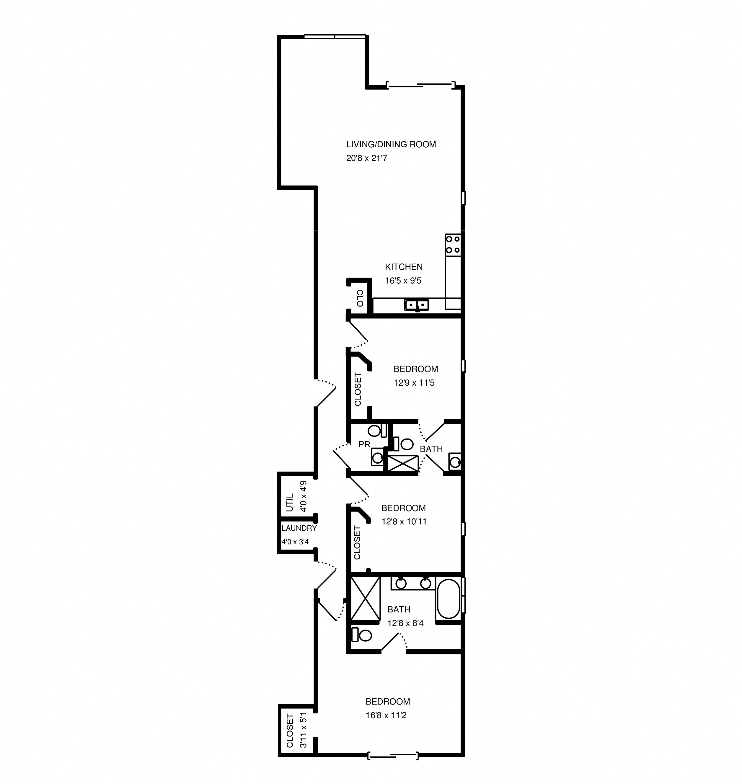 Floor plan for 3 beds, 2 baths, 1324 sqft